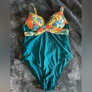 Bluish/green and Orange One Piece Swimsuit with Tropical Print